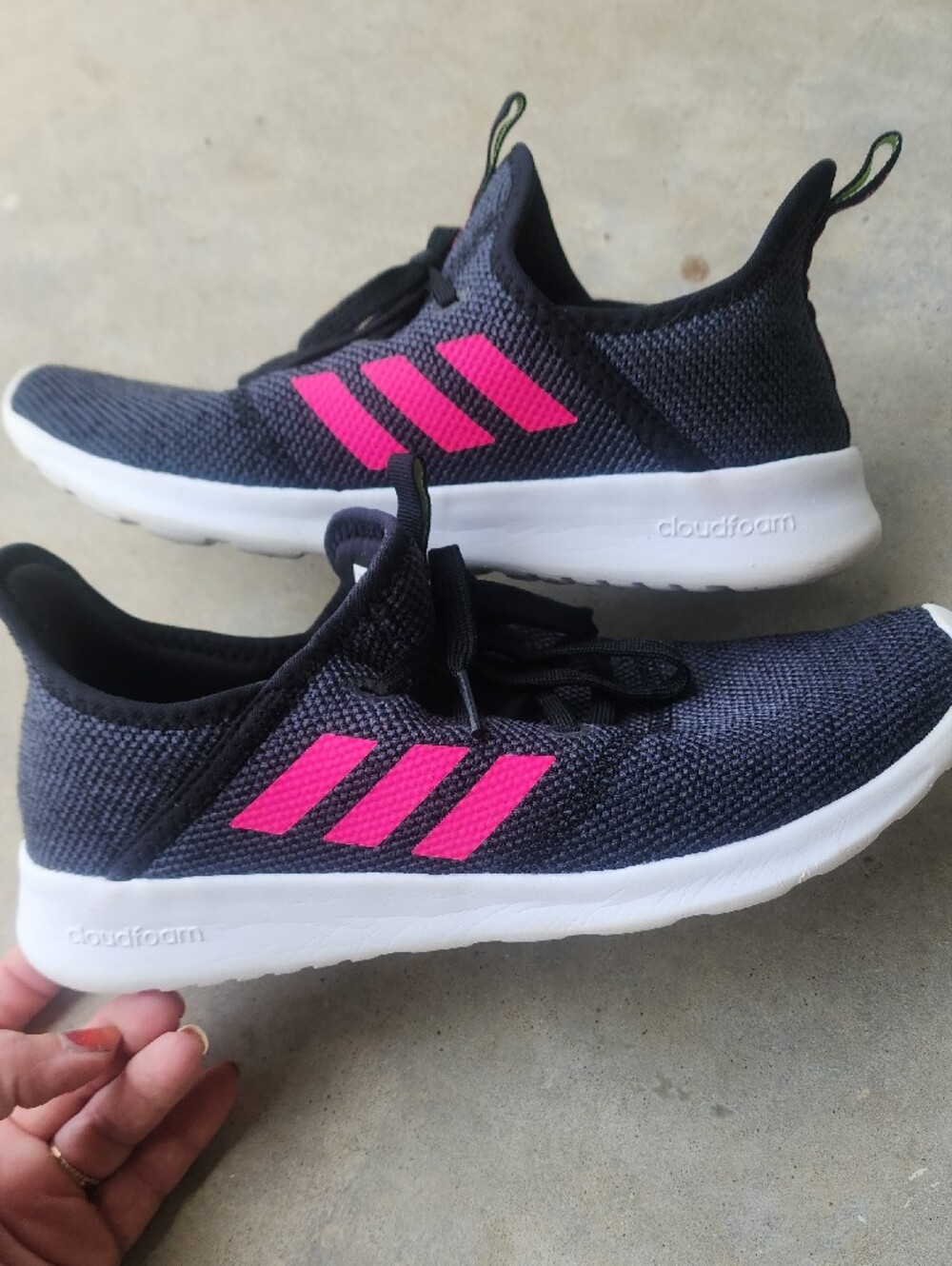 adidas Womens Knit Sneakers in Dark Gray with Pink Stripes